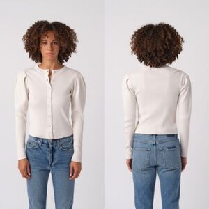 AMO Puff Sleeve Ribbed Cardigan Poppy Red Button Front Size Small 100% Cotton